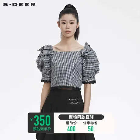 sdeer圣迪奥女夏短袖蝴蝶结上衣方领泡泡袖蕾丝格纹衬衫S22280423商品大图