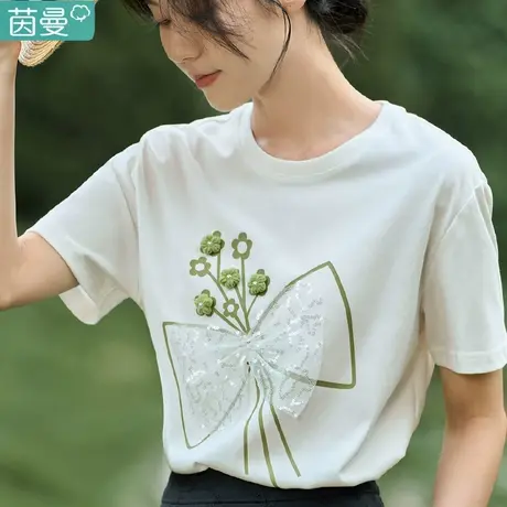 茵曼蝴蝶结独特别致短袖T恤女2023夏季新款上衣体桖半袖短款修身商品大图