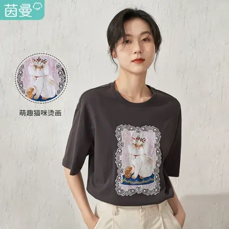 【商场同款】茵曼萌趣烫画绣花T恤女士2023夏季新款宽松纯棉上衣图片