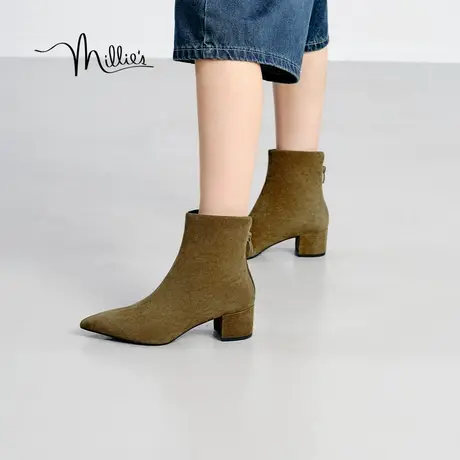 millie's妙丽2023冬新款瘦瘦靴羊皮尖头时尚时装靴女短靴LRS01DD3商品大图