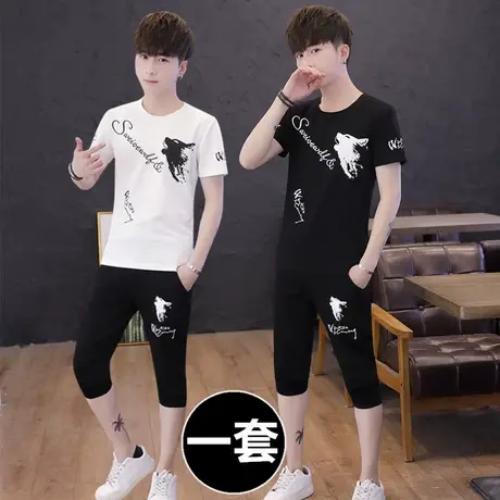 7七分裤一套装男生短裤夏天季韩版6六分裤马裤潮流半截裤宽松半裤图片