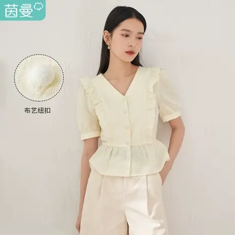 【商场同款】茵曼提花法式衬衫女2023夏季新款花边泡泡袖纯棉衬衣图片