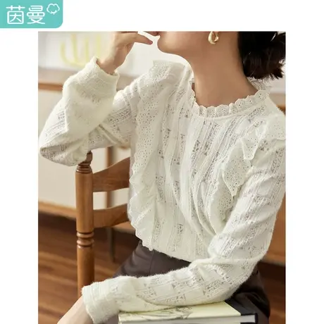 法式花边立领衬衣2023秋女装新款浪漫泡泡袖长袖显瘦提花上衣商品大图