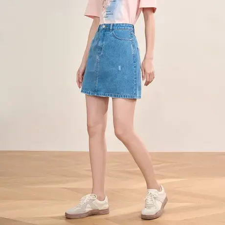 【商场同款】茵曼2023春女装新款复古通勤短款A字纯棉牛仔半身裙图片