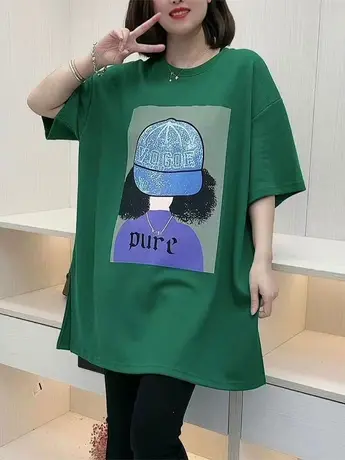 2023春夏季新款中长款亮点韩版宽松短袖T恤打底创意印花胖MM上衣商品大图