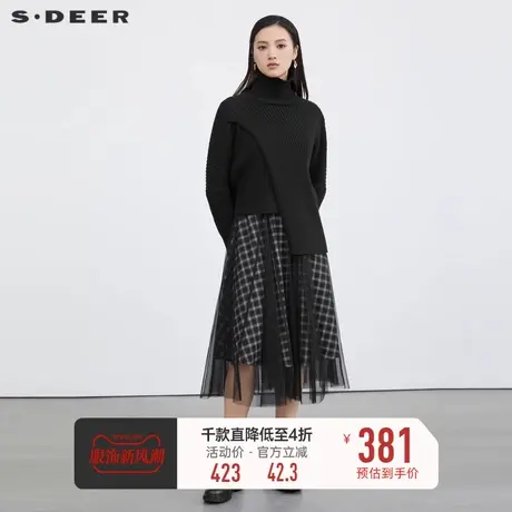 sdeer圣迪奥女装高领格纹网纱针织两件套连衣裙S223Z1434图片