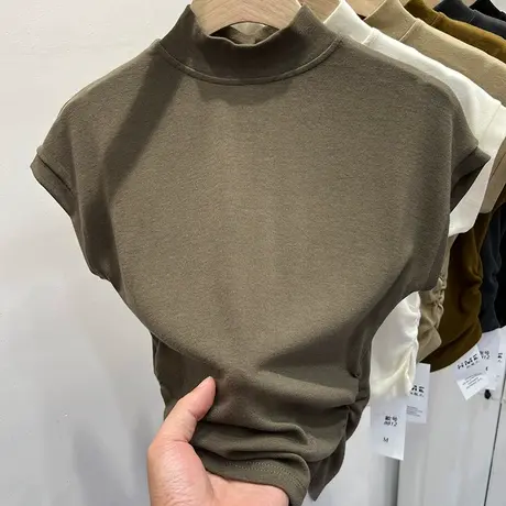 设计感半高领褶皱短袖T恤女2023早秋新款洋气半袖体恤小衫上衣商品大图