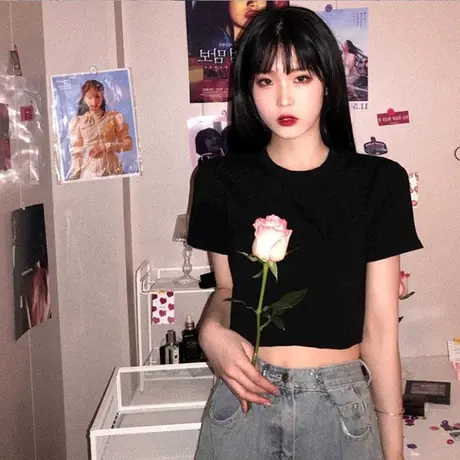 2023夏季新款别致设计感小众短款辣妹上衣正肩短袖t恤女半袖体恤商品大图