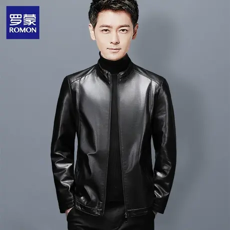 罗蒙男士立领皮衣秋冬款加绒保暖短款外套中年高端机车防风皮夹克图片