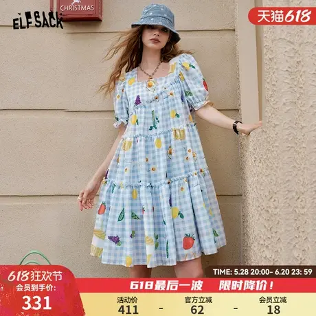 妖精的口袋水果印花蓝白格纹泡泡袖连衣裙女2025年夏季新款裙子图片