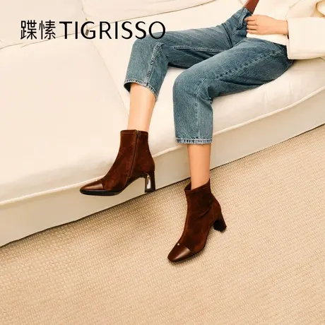 小奶皮|蹀愫冬季小香风女靴子粗跟羊皮时装靴TA54707-11商品大图