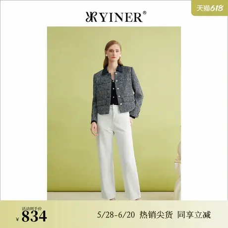 YINER音儿专选女装春季坎葱粗花呢不规则摆短外套图片
