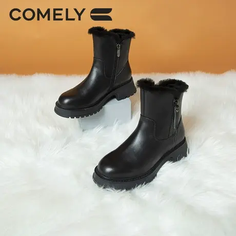 KL加绒短靴女冬季新款真皮粗跟羊毛里加厚保暖雪地靴子商品大图