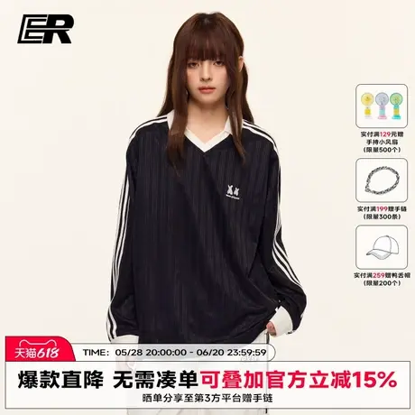 ER三条杠v领缎面球服长袖T恤女2025春秋oversize美式高街运动上衣商品大图