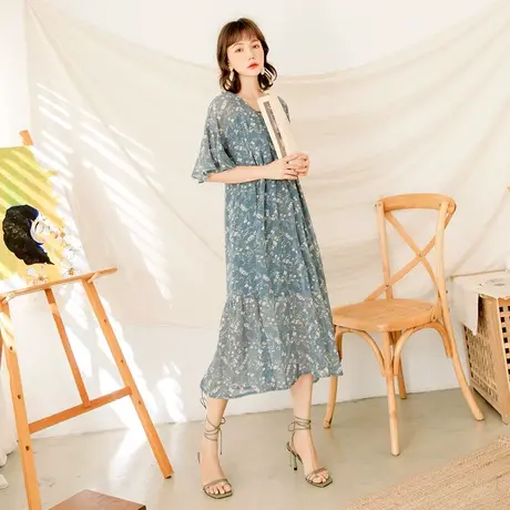 桔熊夏季两件套连衣裙纯色飘逸雪纺凉爽碎花长裙子女大码DA8829图片