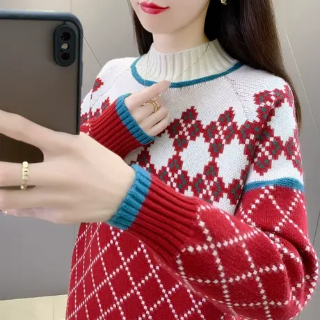 半高领毛衣女宽松慵懒风秋冬新款2023复古百搭加厚打底针织衫上衣商品大图