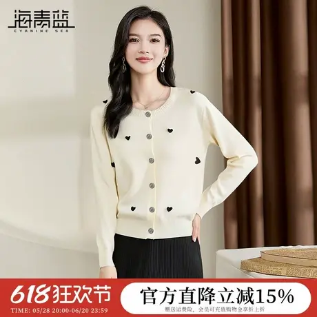 海青蓝立体爱心装饰针织开衫女2025春装新款圆领长袖慵懒风上衣图片