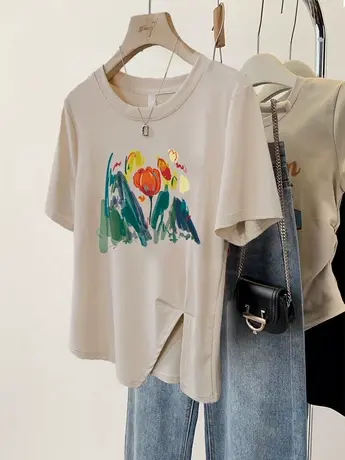 hiphop潮牌不规则大码女装短袖夏季嘻哈潮ins酷小个子遮肉T恤上衣商品大图