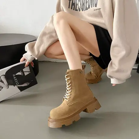 时装靴女2023新款秋冬增高单靴厚底系带机车英伦风复古工装短靴子图片