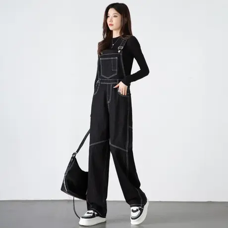 工装牛仔背带裤女2023新款秋冬撞色走线黑色直筒阔腿裤长裤连体裤图片