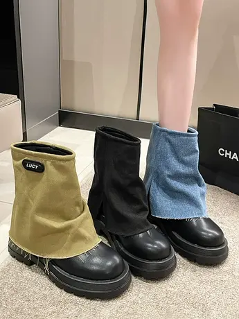 设计感小众牛仔布裤管靴女2023年秋冬新款中筒烟筒短靴厚底西部靴图片