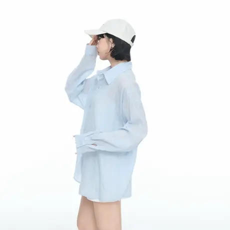 美式高街纯色衬衣女春秋新款宽松透气物理防晒衬衫休闲情侣外套图片