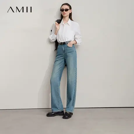 Amii2025秋新款极简休闲港风直筒莱赛尔棉混纺做旧磨白牛仔长裤女图片