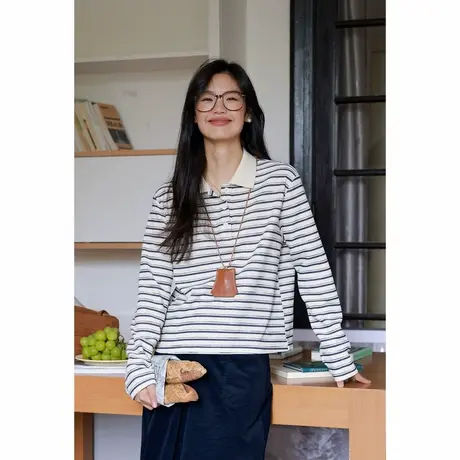 弥古撞色条纹正肩卫衣t恤长袖女春秋休闲通勤显瘦polo领针织上衣商品大图