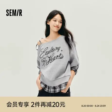 森马卫衣女秋斜肩刺绣拼接格纹假两件外套宽松蝴蝶结2025新款上衣商品大图