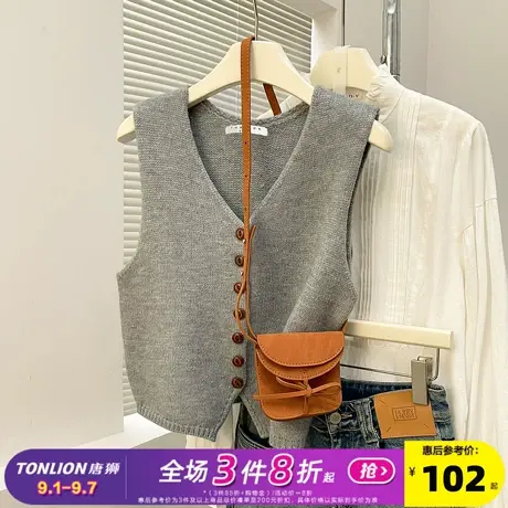 唐狮2025秋冬毛衣女复古简约V领开衫针织马甲外穿百搭高级感上衣商品大图