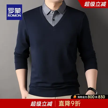 罗蒙男士长袖假两件针织衫2025秋季新款商务休闲上衣时尚翻领毛衣商品大图