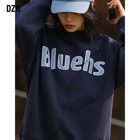 青少年藏青色圆领卫衣男春秋潮牌2023年新款宽松套头上衣刺绣外套商品大图