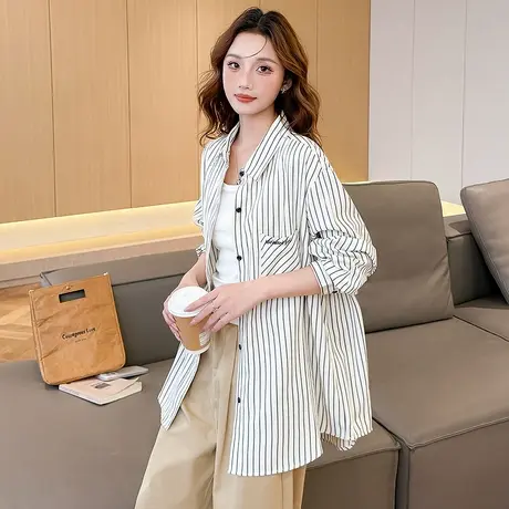 唐狮秋季新款条纹衬衫女上衣时尚衬衣薄外套女款宽松超好看TM图片