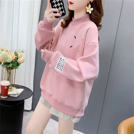 粉色加绒加厚圆领卫衣女2022新款秋冬宽松小个子oversize外套上衣商品大图