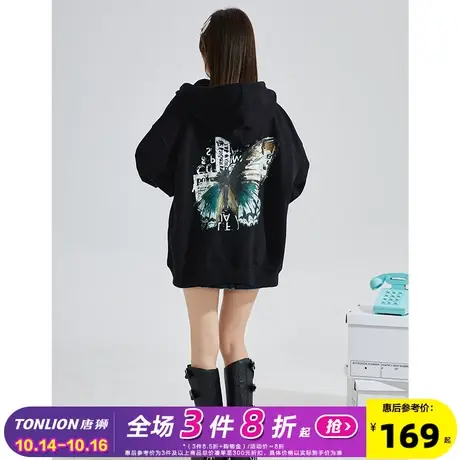 唐狮2023新款女卫衣YEP联名蝴蝶印花连帽卫衣开衫宽松oversize风G图片