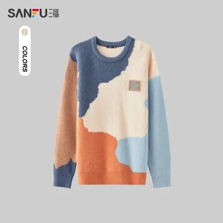 三福2023冬男士魔术贴章仔色块拼接毛衣 宽松圆领上衣男477965商品大图