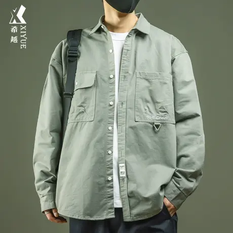 希越潮牌男士长袖衬衫2023秋冬字母刺绣夹克外套工装风翻领衬衣潮商品大图
