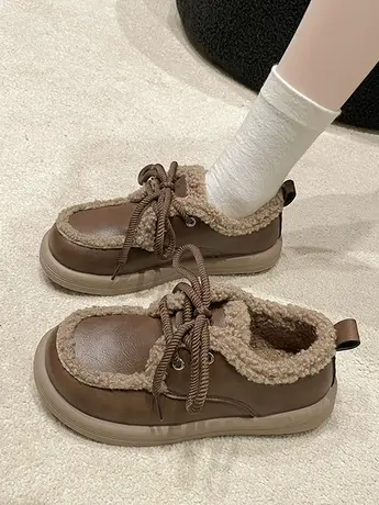 平底加绒小皮鞋女2023秋冬新款豆豆鞋复古英伦风保暖舒适系带棉鞋商品大图