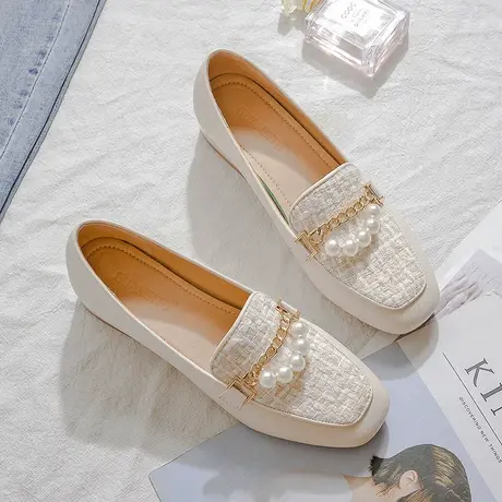 法式真皮单鞋女2023年春夏季新款豆豆鞋粗跟平底乐福鞋舒适小皮鞋商品大图