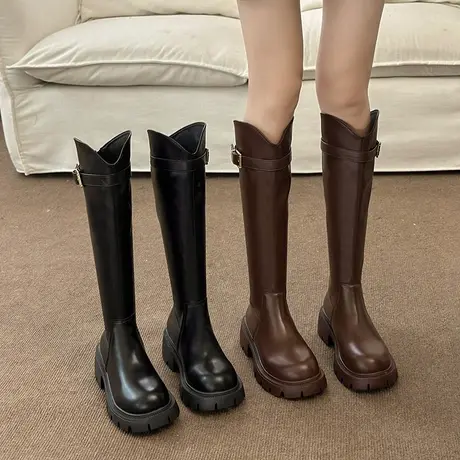 长靴女骑士靴2023新款秋季爆款不过膝靴子厚底高筒潮流v口瘦瘦靴商品大图