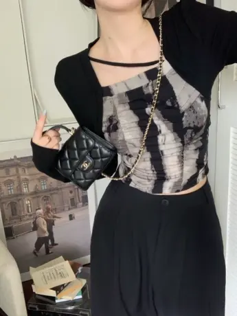 扎染方领长袖T恤女秋装大码打底衫微胖mm显瘦假两件短款甜辣上衣商品大图