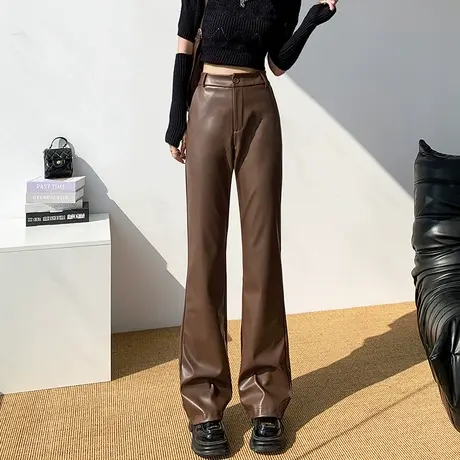 美式高腰PU皮裤微喇裤女秋冬季2023新款加绒加厚咖色哑光喇叭裤子商品大图