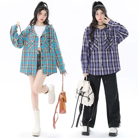 美式复古连帽格子衬衫女春秋2023新款宽松oversize外套衬衣ins潮商品大图