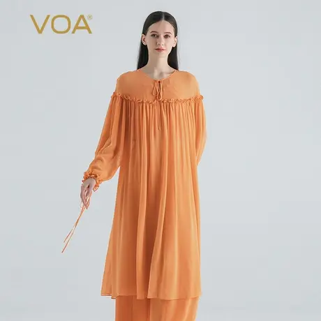 VOA桑蚕丝乔其深桔色V领长袖荷叶边系带褶皱仕女风国风真丝风衣商品大图