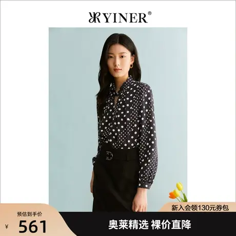 YINER音儿女装2023秋季新款法式复古黑白波点公主袖衬衫图片
