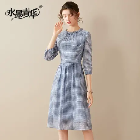 水墨青华时尚气质连衣裙春季新款高冷御姐风收腰显瘦印花裙子图片