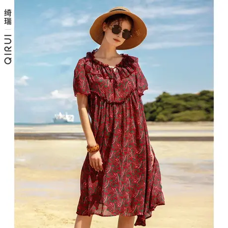 绮瑞睡衣女夏短袖薄款雪纺睡裙女士夏季宽松大码长款过膝家居服商品大图