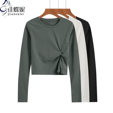 秋冬新款韩版圆领短款修身纯欲纯棉扭结纯色长袖体恤上衣内搭女装商品大图
