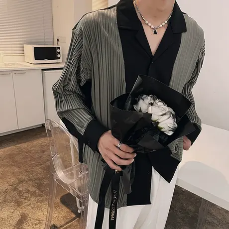 拼接条纹长袖衬衫2023春秋季新款发型师休闲衬衣韩版潮牌高街外套商品大图