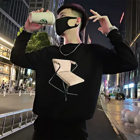 卫衣男秋冬季潮牌ins轻熟风个性印花上衣长袖加厚设计感打底衫t恤商品大图